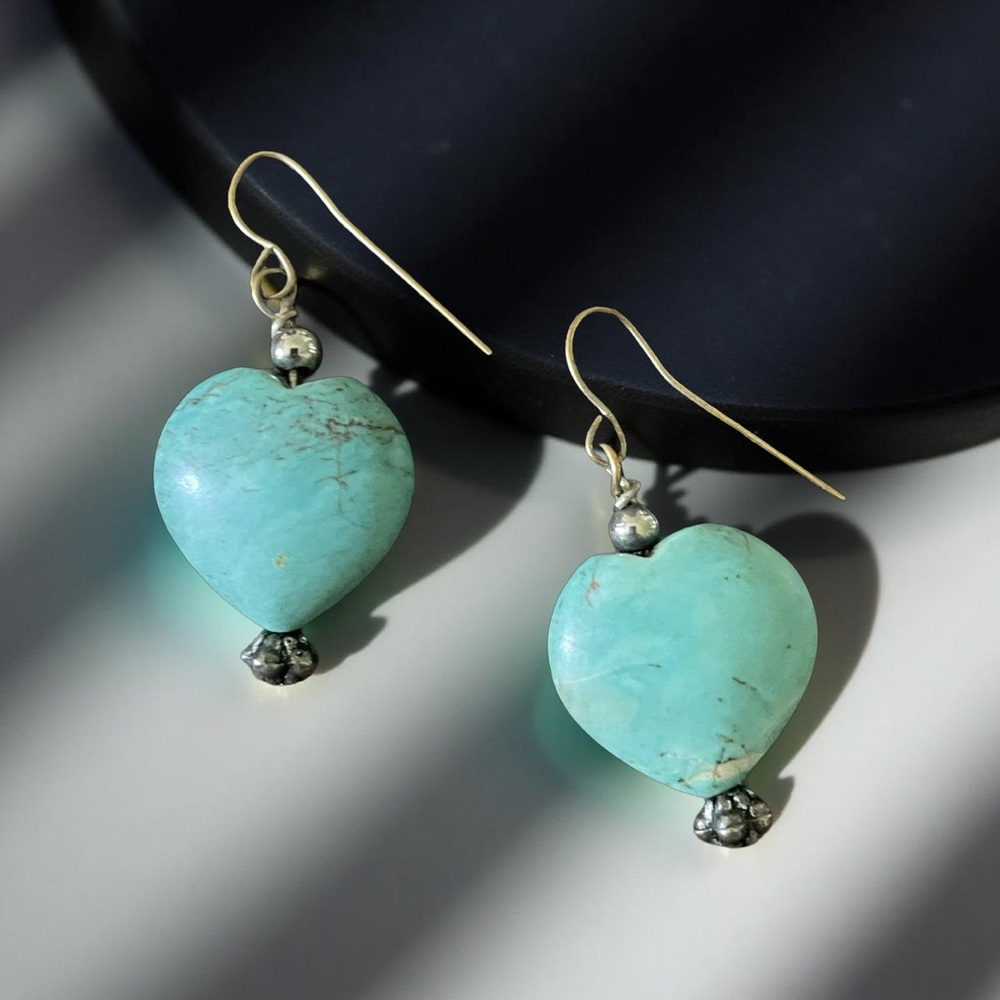 80s Turquoise Boho Gift Work Country Coastal Heart Drop Dangle Drop 925 Silver